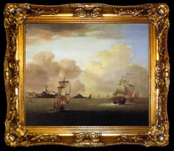 framed  Monamy, Peter British men-o-war and a merchantman off Elizabeth Castle,Jersey, ta009-2